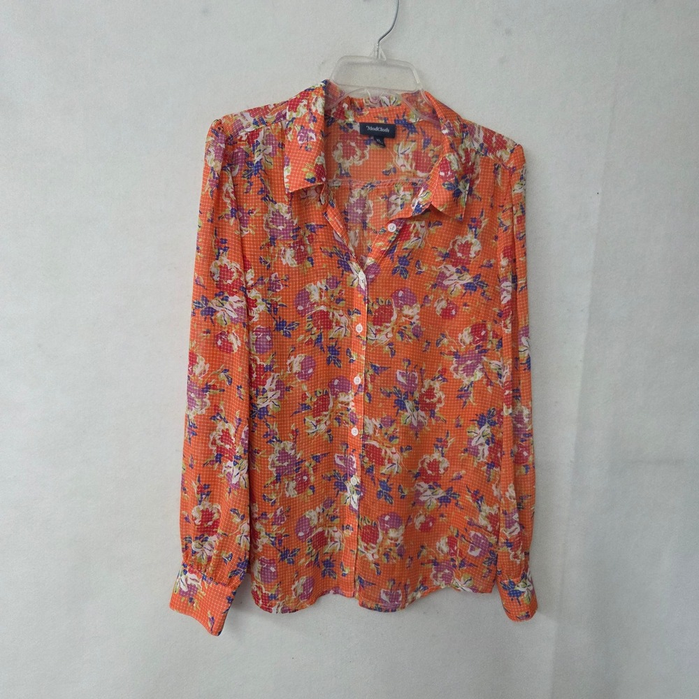 ModCloth Button Down Blouse Women XL Orange Floral Grid Print Long Sleeve Sheer